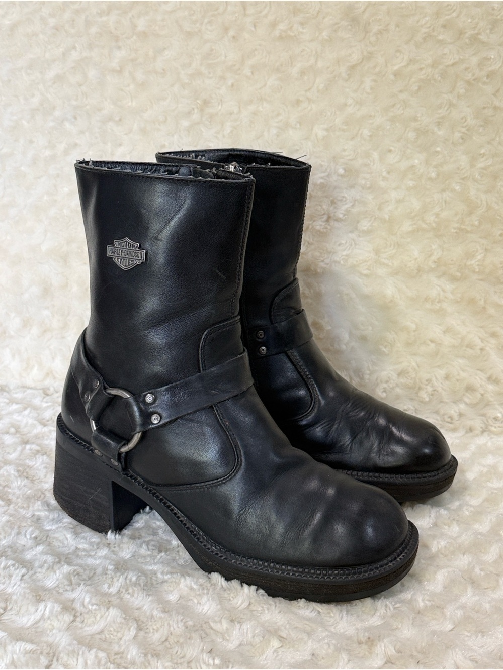 Harley-Davidson Black Leather Mid-Calf Harness Heeled Boots, sz 7.5
